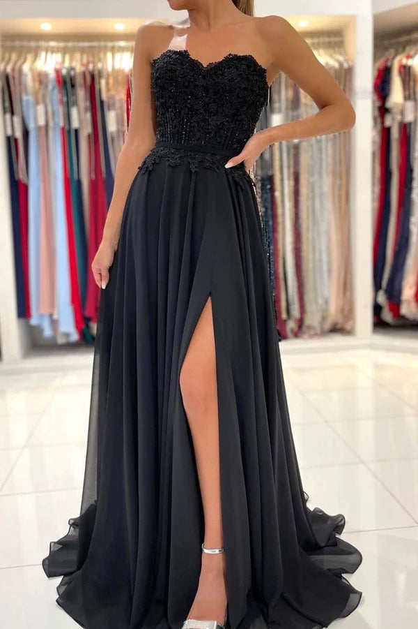 Black Chiffon Lace Long Prom Dress A-Line Strapless Evening Party Dress